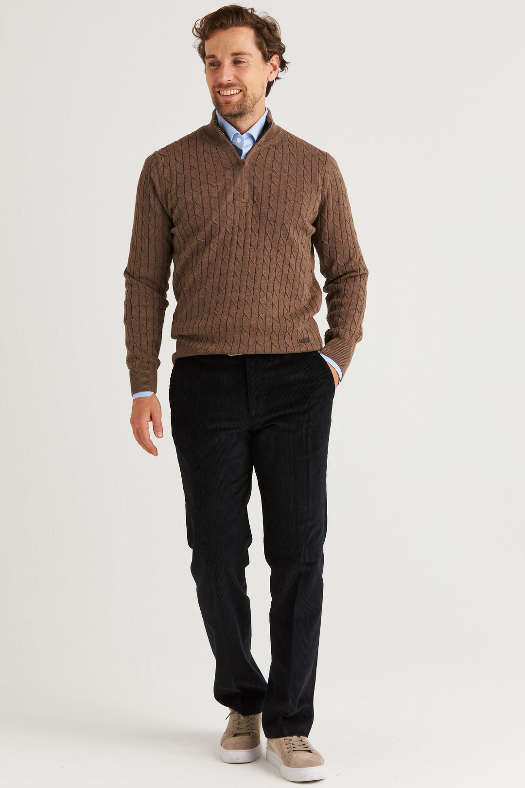 Brun Kabelstickad Half Zip