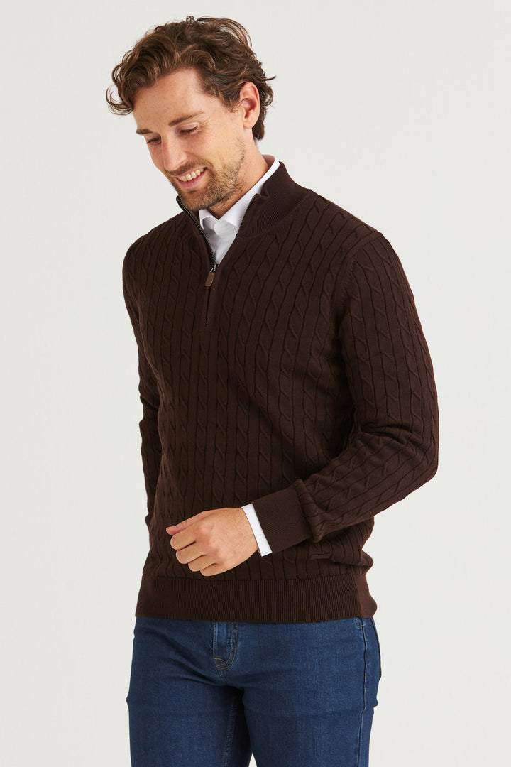 Mörkbrun Kabelstickad Half Zip