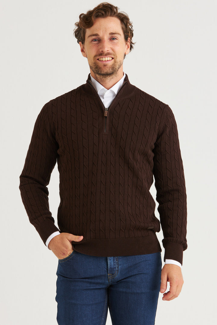 Mörkbrun Kabelstickad Half Zip