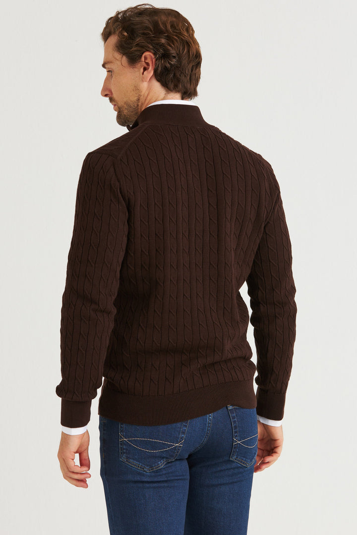 Mörkbrun Kabelstickad Half Zip