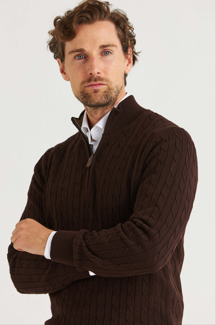 Mörkbrun Kabelstickad Half Zip