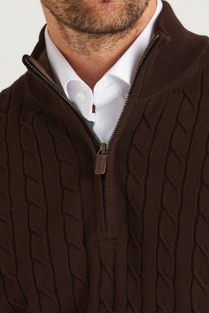 Mörkbrun Kabelstickad Half Zip