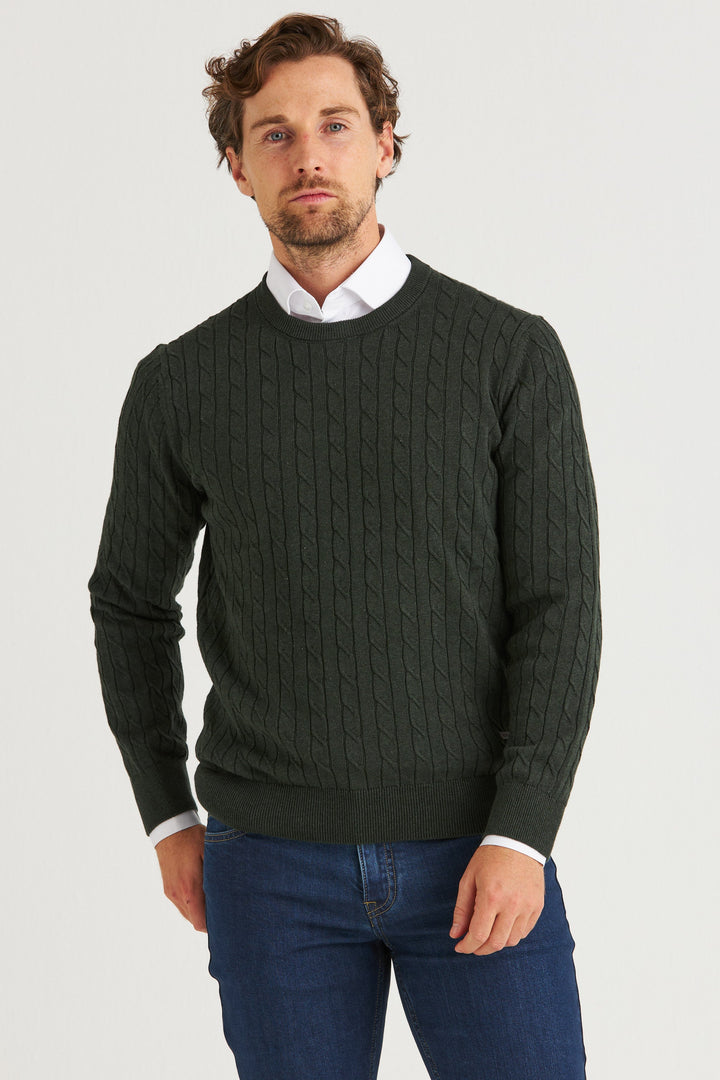 Mörkgrön Kabelstickad Crew Neck