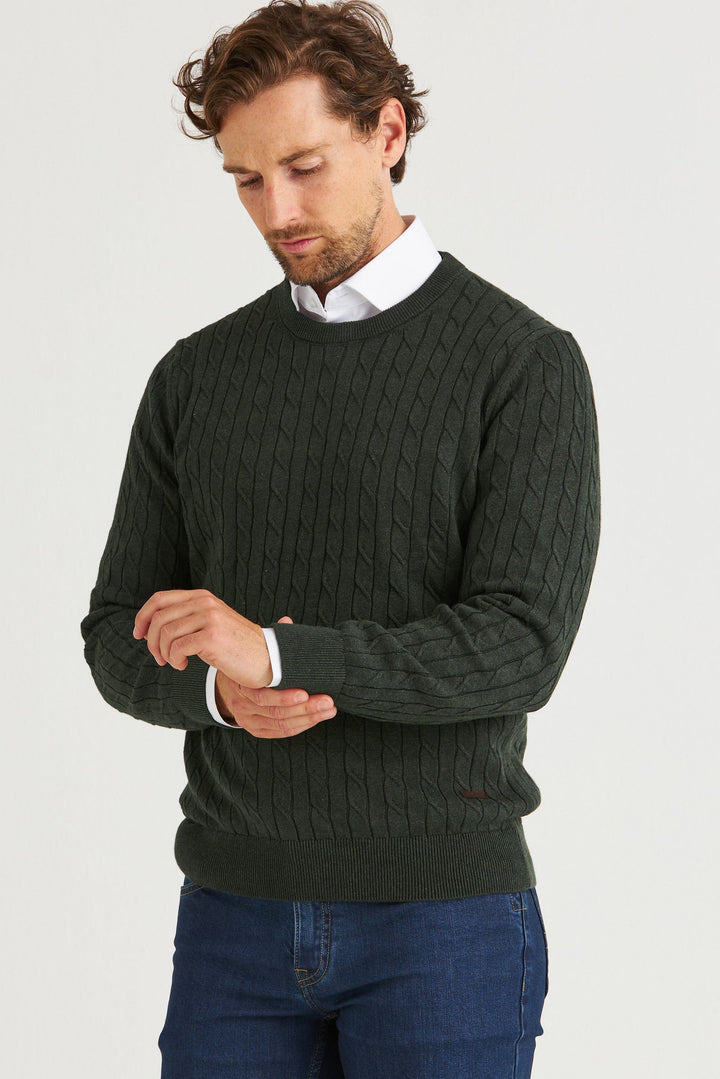 Mörkgrön Kabelstickad Crew Neck