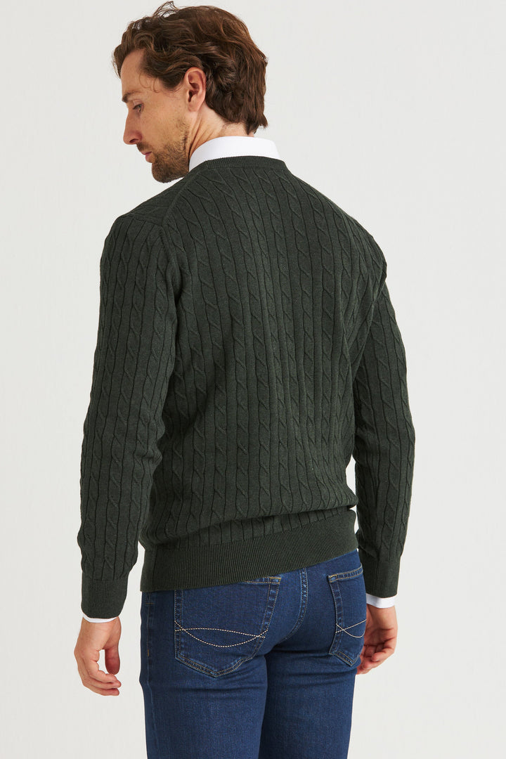 Mörkgrön Kabelstickad Crew Neck