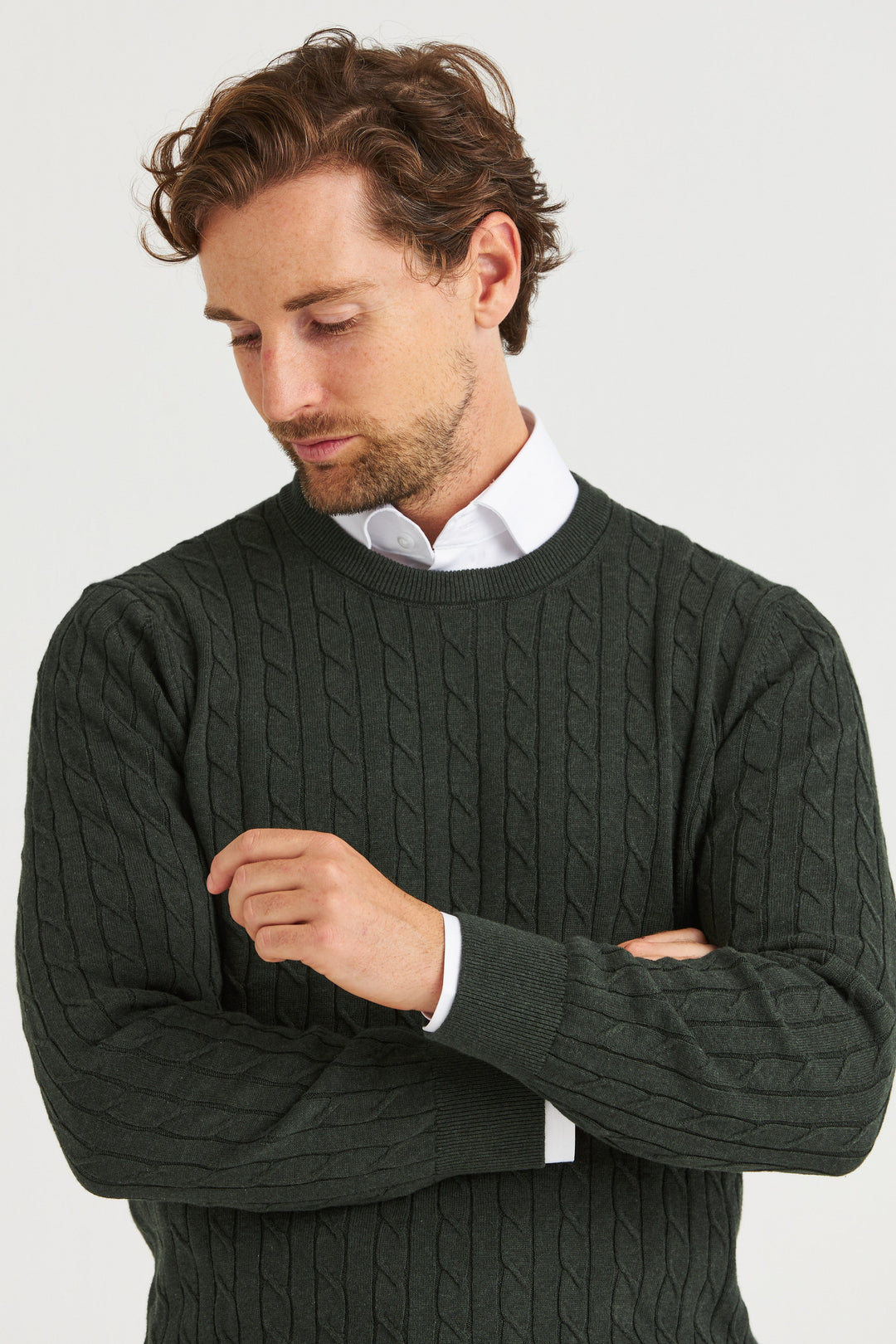 Mörkgrön Kabelstickad Crew Neck
