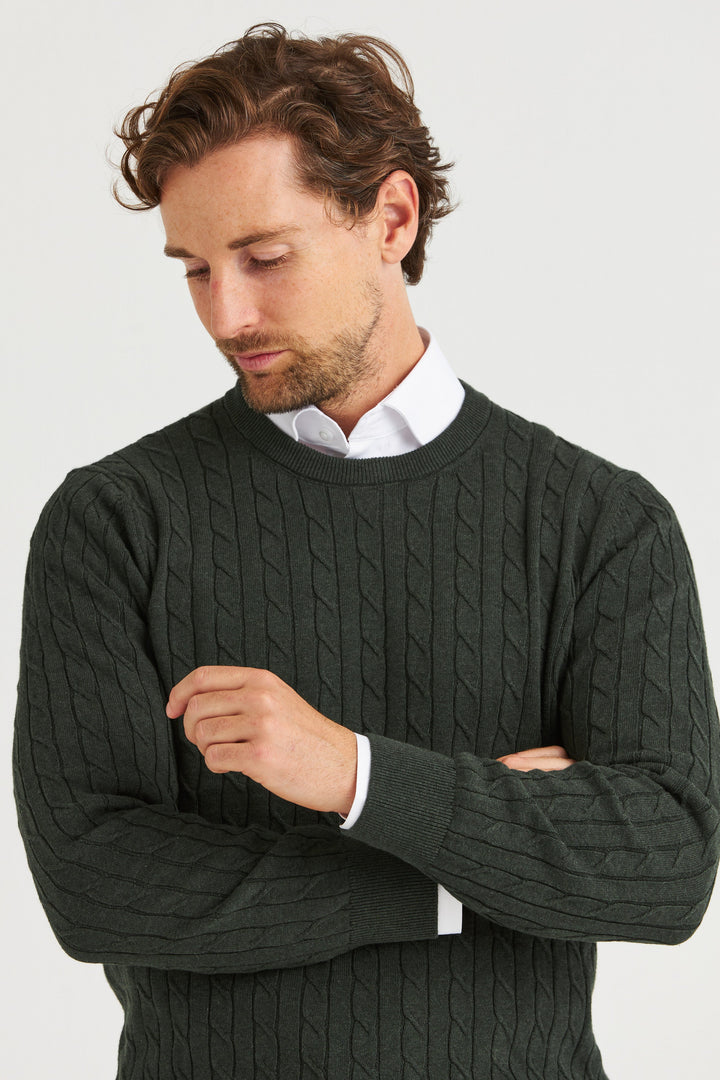 Mörkgrön Kabelstickad Crew Neck