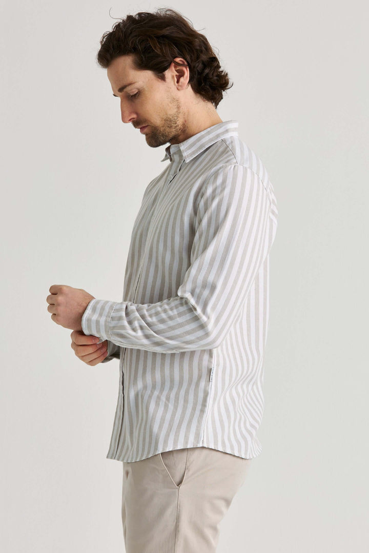 Beige Randig Linneskjorta